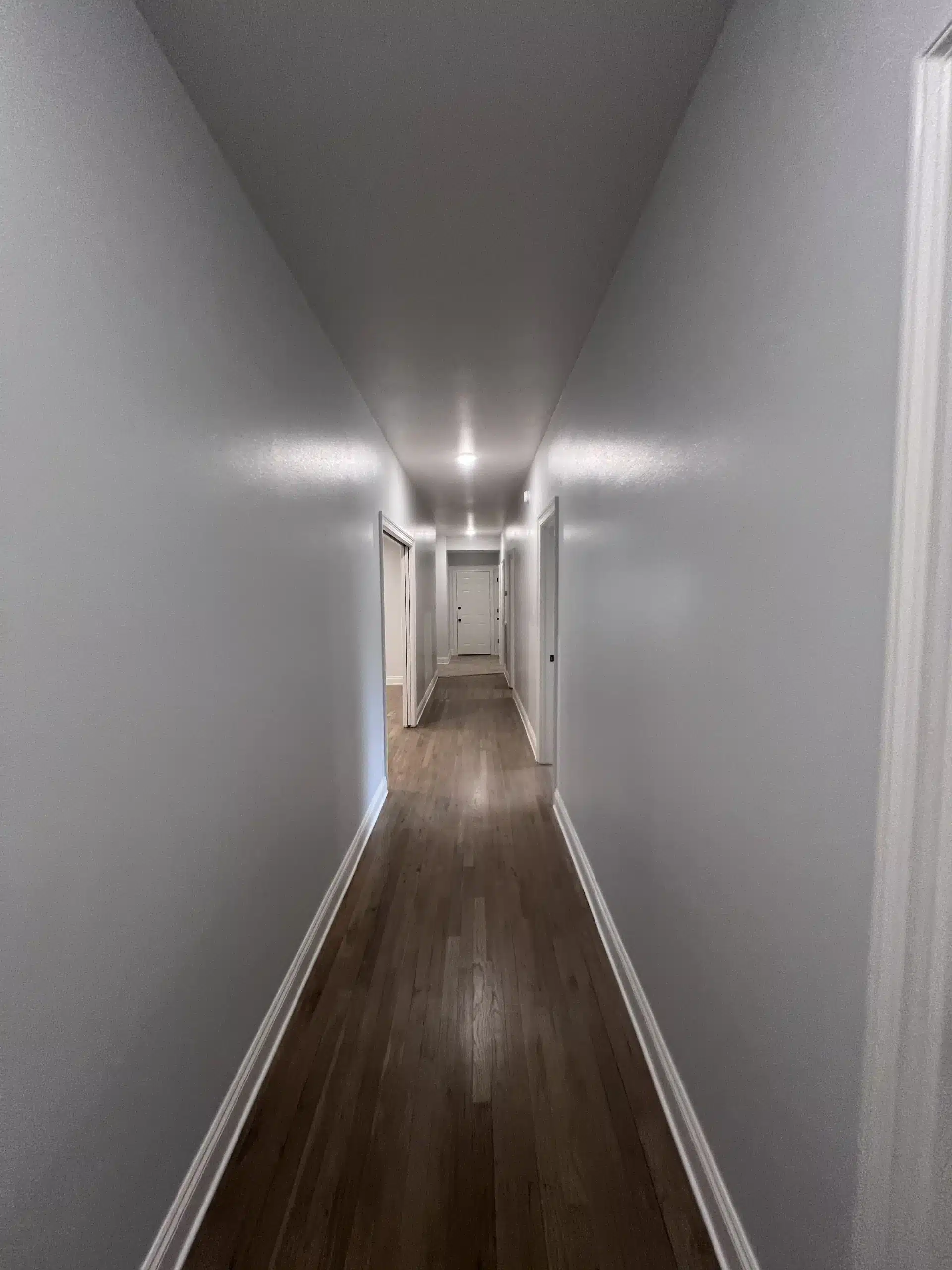 Modern Hallway Interior Painting with Light Gray Walls and Hardwood Floors A long, bright hallway with freshly painted light gray walls, white trim, and polished hardwood floors.