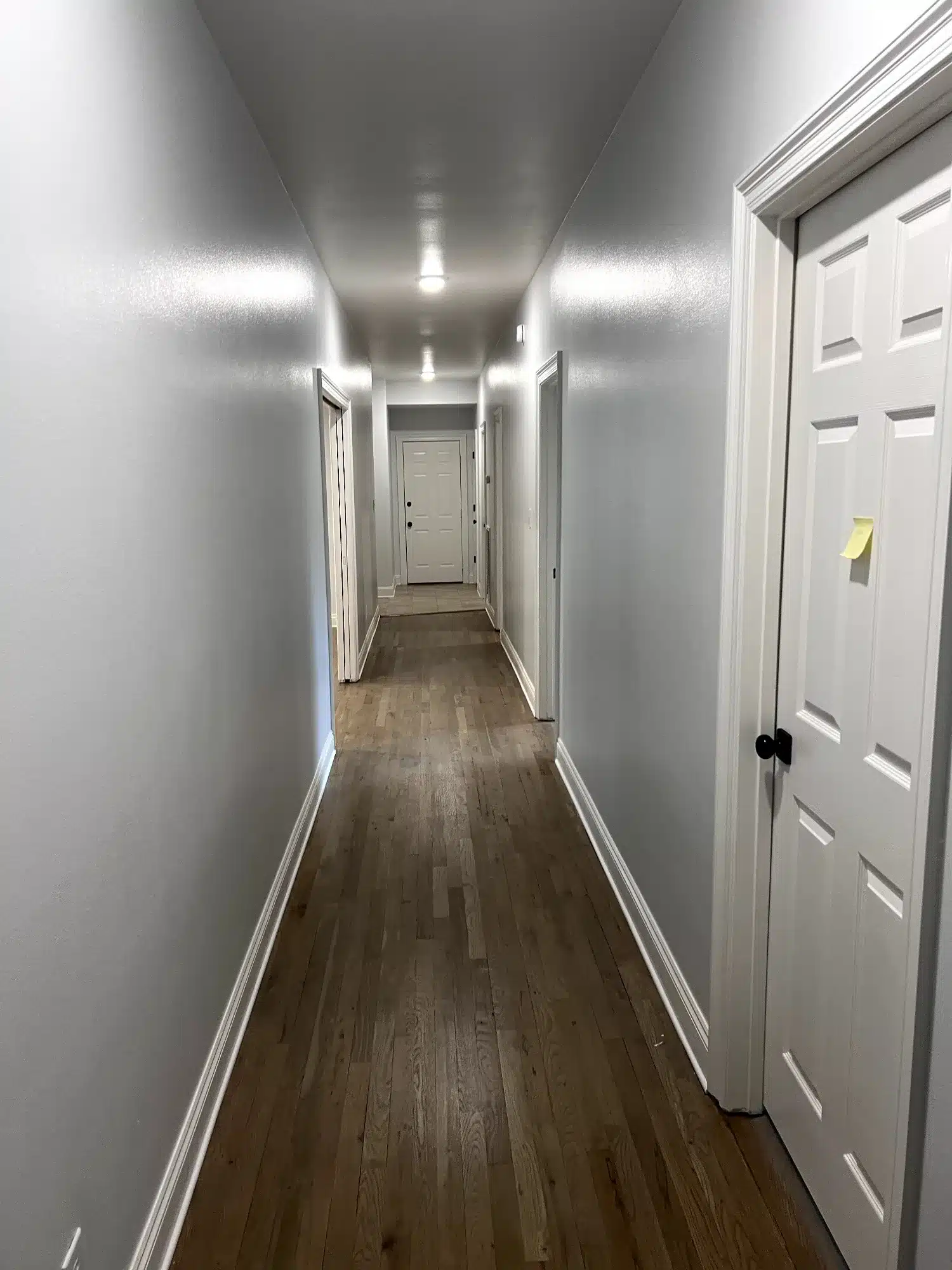 Light Gray Painted Hallway Light gray painted hallway with white six-panel doors, dark wood flooring, and recessed ceiling lights
