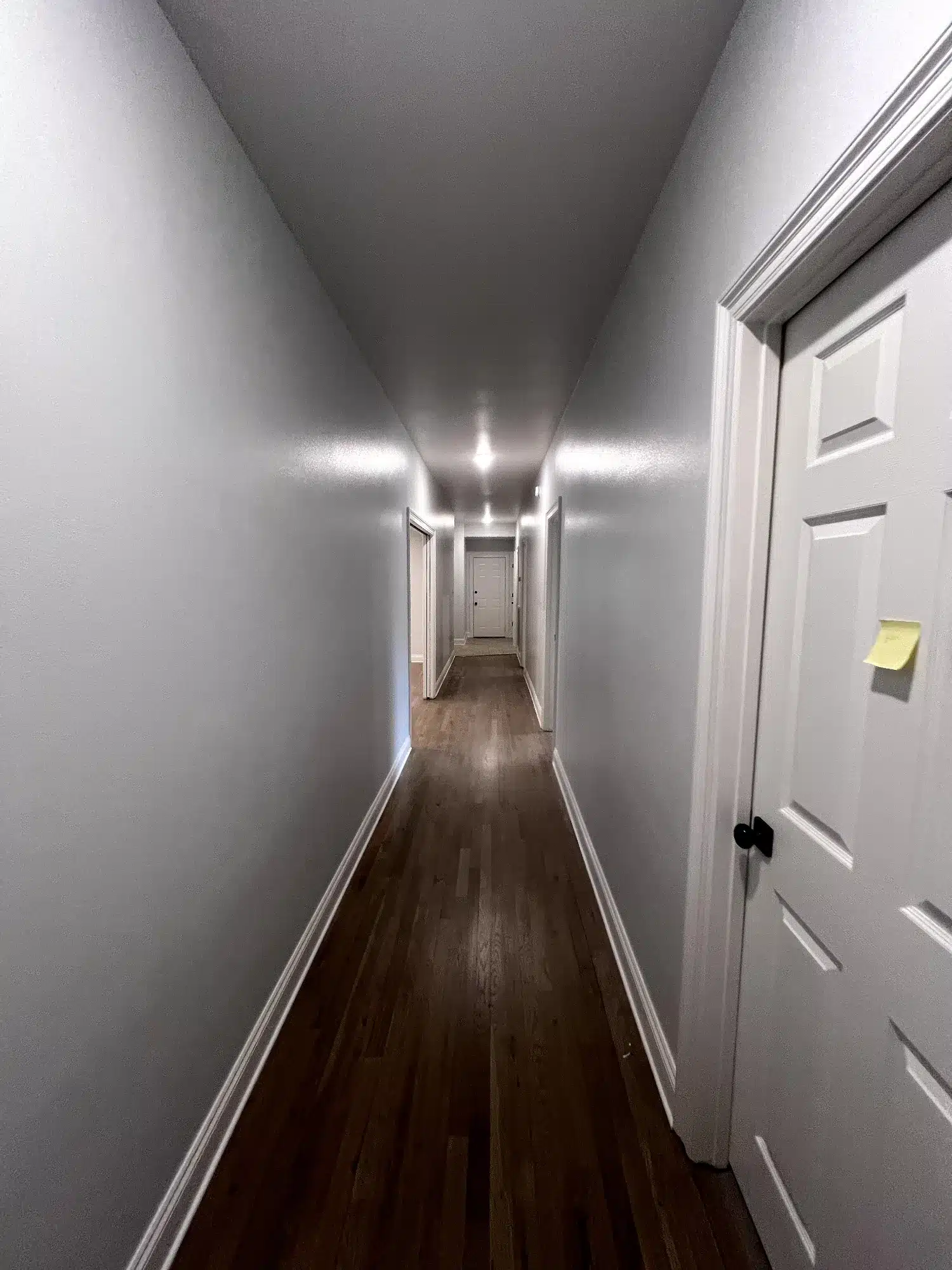 Light Gray Painted Hallway Light gray painted hallway with white six-panel doors, dark wood flooring, and recessed ceiling lights in Foley, AL